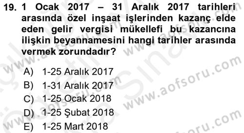 İnşaat ve Gayrimenkul Muhasebesi Dersi 2018 - 2019 Yılı (Vize) Ara Sınav Soruları 19. Soru