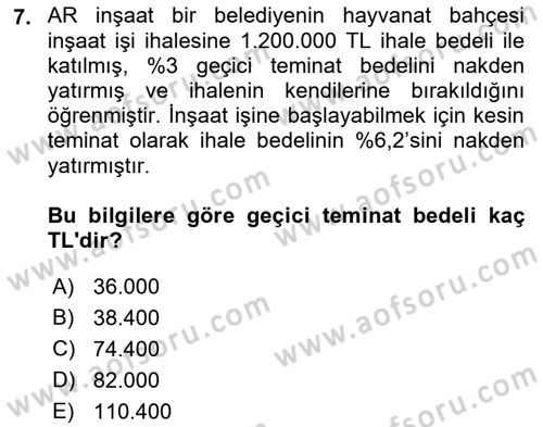 İnşaat ve Gayrimenkul Muhasebesi Dersi 2018 - 2019 Yılı (Vize) Ara Sınav Soruları 7. Soru