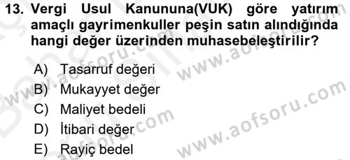 İnşaat ve Gayrimenkul Muhasebesi Dersi 2018 - 2019 Yılı (Final) Dönem Sonu Sınav Soruları 13. Soru