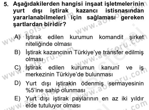 İnşaat ve Gayrimenkul Muhasebesi Dersi 2018 - 2019 Yılı (Final) Dönem Sonu Sınav Soruları 5. Soru