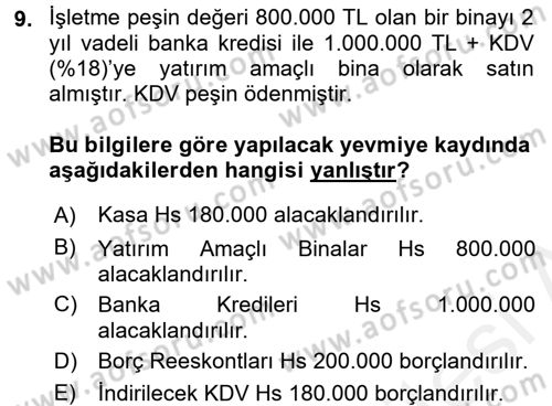 İnşaat ve Gayrimenkul Muhasebesi Dersi 2018 - 2019 Yılı (Final) Dönem Sonu Sınav Soruları 9. Soru