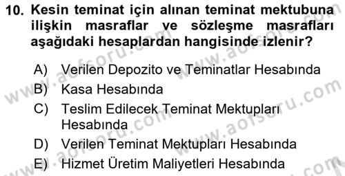 İnşaat ve Gayrimenkul Muhasebesi Dersi 2020 - 2021 Yılı Yaz Okulu Sınav Soruları 10. Soru