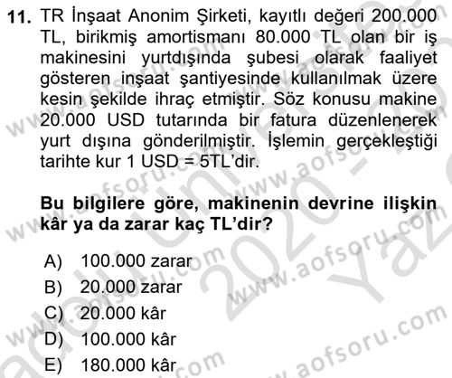 İnşaat ve Gayrimenkul Muhasebesi Dersi 2020 - 2021 Yılı Yaz Okulu Sınav Soruları 11. Soru