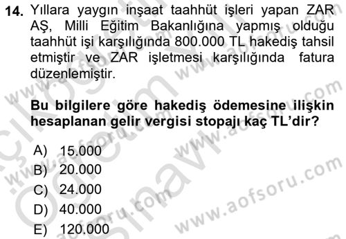 İnşaat ve Gayrimenkul Muhasebesi Dersi 2020 - 2021 Yılı Yaz Okulu Sınav Soruları 14. Soru