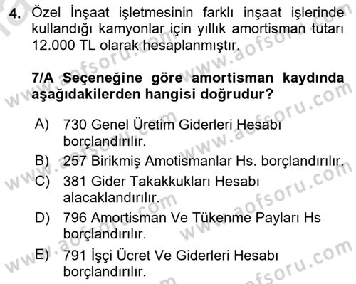 İnşaat ve Gayrimenkul Muhasebesi Dersi 2020 - 2021 Yılı Yaz Okulu Sınav Soruları 4. Soru