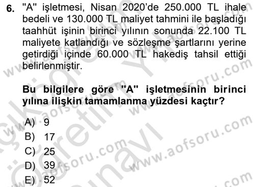 İnşaat ve Gayrimenkul Muhasebesi Dersi 2020 - 2021 Yılı Yaz Okulu Sınav Soruları 6. Soru