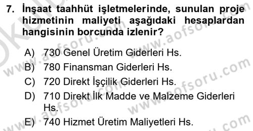 İnşaat ve Gayrimenkul Muhasebesi Dersi 2020 - 2021 Yılı Yaz Okulu Sınav Soruları 7. Soru