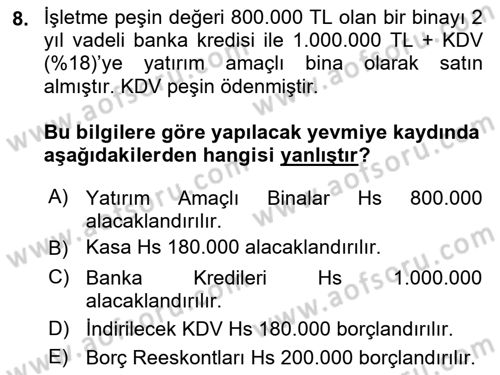 İnşaat ve Gayrimenkul Muhasebesi Dersi 2020 - 2021 Yılı Yaz Okulu Sınav Soruları 8. Soru