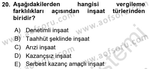 İnşaat ve Gayrimenkul Muhasebesi Dersi 2021 - 2022 Yılı (Vize) Ara Sınav Soruları 20. Soru
