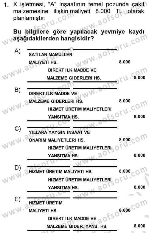 İnşaat ve Gayrimenkul Muhasebesi Dersi 2021 - 2022 Yılı (Final) Dönem Sonu Sınav Soruları 1. Soru