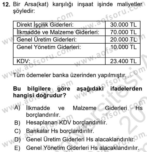 İnşaat ve Gayrimenkul Muhasebesi Dersi 2021 - 2022 Yılı (Final) Dönem Sonu Sınav Soruları 12. Soru