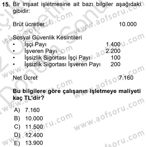 İnşaat ve Gayrimenkul Muhasebesi Dersi 2021 - 2022 Yılı (Final) Dönem Sonu Sınav Soruları 15. Soru