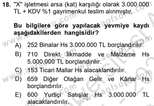 İnşaat ve Gayrimenkul Muhasebesi Dersi 2021 - 2022 Yılı (Final) Dönem Sonu Sınav Soruları 18. Soru