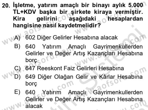 İnşaat ve Gayrimenkul Muhasebesi Dersi 2021 - 2022 Yılı (Final) Dönem Sonu Sınav Soruları 20. Soru