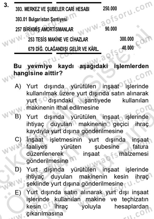 İnşaat ve Gayrimenkul Muhasebesi Dersi 2021 - 2022 Yılı (Final) Dönem Sonu Sınav Soruları 3. Soru