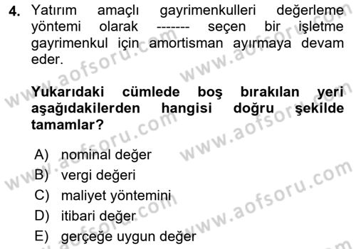 İnşaat ve Gayrimenkul Muhasebesi Dersi 2021 - 2022 Yılı (Final) Dönem Sonu Sınav Soruları 4. Soru