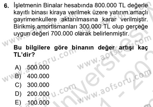 İnşaat ve Gayrimenkul Muhasebesi Dersi 2021 - 2022 Yılı (Final) Dönem Sonu Sınav Soruları 6. Soru
