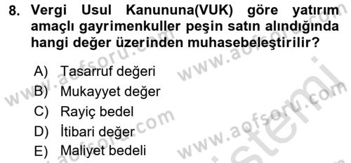 İnşaat ve Gayrimenkul Muhasebesi Dersi 2021 - 2022 Yılı (Final) Dönem Sonu Sınav Soruları 8. Soru