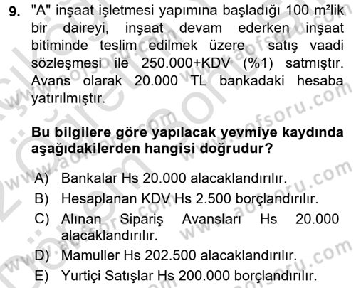 İnşaat ve Gayrimenkul Muhasebesi Dersi 2021 - 2022 Yılı (Final) Dönem Sonu Sınav Soruları 9. Soru