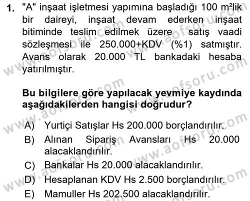 İnşaat ve Gayrimenkul Muhasebesi Dersi 2021 - 2022 Yılı Yaz Okulu Sınav Soruları 1. Soru