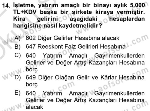 İnşaat ve Gayrimenkul Muhasebesi Dersi 2021 - 2022 Yılı Yaz Okulu Sınav Soruları 14. Soru