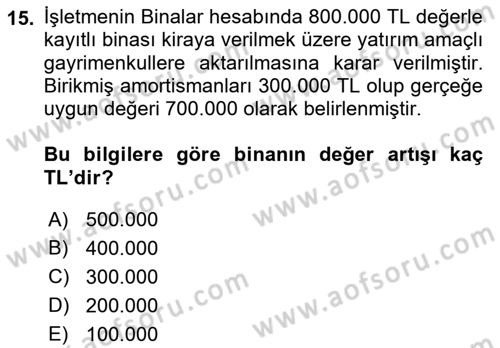 İnşaat ve Gayrimenkul Muhasebesi Dersi 2021 - 2022 Yılı Yaz Okulu Sınav Soruları 15. Soru