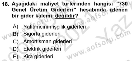İnşaat ve Gayrimenkul Muhasebesi Dersi 2021 - 2022 Yılı Yaz Okulu Sınav Soruları 18. Soru
