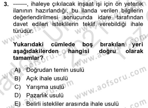 İnşaat ve Gayrimenkul Muhasebesi Dersi 2021 - 2022 Yılı Yaz Okulu Sınav Soruları 3. Soru