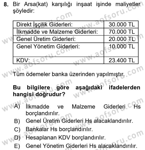 İnşaat ve Gayrimenkul Muhasebesi Dersi 2021 - 2022 Yılı Yaz Okulu Sınav Soruları 8. Soru