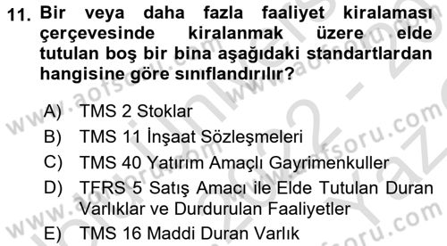 İnşaat ve Gayrimenkul Muhasebesi Dersi 2022 - 2023 Yılı Yaz Okulu Sınav Soruları 11. Soru