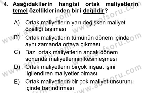İnşaat ve Gayrimenkul Muhasebesi Dersi 2022 - 2023 Yılı Yaz Okulu Sınav Soruları 4. Soru