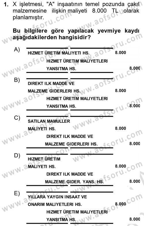 İnşaat ve Gayrimenkul Muhasebesi Dersi 2023 - 2024 Yılı (Vize) Ara Sınav Soruları 1. Soru