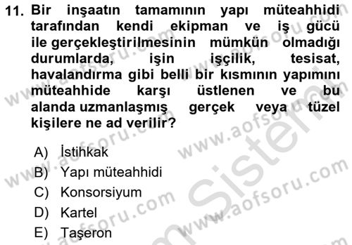 İnşaat ve Gayrimenkul Muhasebesi Dersi 2023 - 2024 Yılı (Final) Dönem Sonu Sınav Soruları 11. Soru