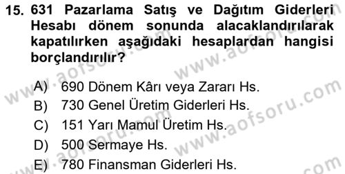 İnşaat ve Gayrimenkul Muhasebesi Dersi 2023 - 2024 Yılı (Final) Dönem Sonu Sınav Soruları 15. Soru