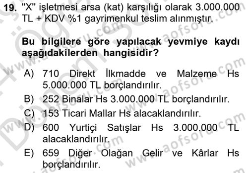 İnşaat ve Gayrimenkul Muhasebesi Dersi 2023 - 2024 Yılı (Final) Dönem Sonu Sınav Soruları 19. Soru