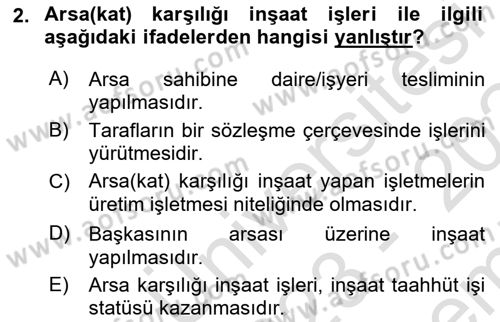 İnşaat ve Gayrimenkul Muhasebesi Dersi 2023 - 2024 Yılı (Final) Dönem Sonu Sınav Soruları 2. Soru