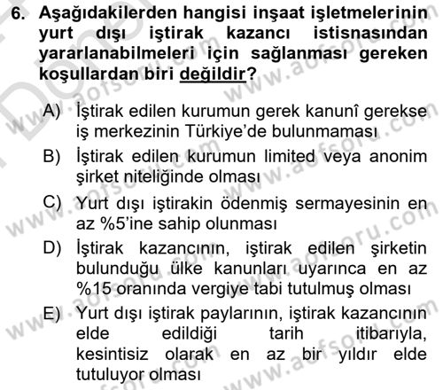 İnşaat ve Gayrimenkul Muhasebesi Dersi 2023 - 2024 Yılı (Final) Dönem Sonu Sınav Soruları 6. Soru