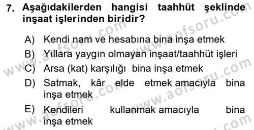 İnşaat ve Gayrimenkul Muhasebesi Dersi 2023 - 2024 Yılı (Final) Dönem Sonu Sınav Soruları 7. Soru