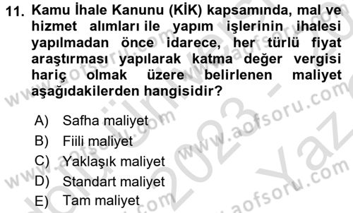 İnşaat ve Gayrimenkul Muhasebesi Dersi 2023 - 2024 Yılı Yaz Okulu Sınav Soruları 11. Soru