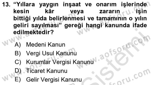 İnşaat ve Gayrimenkul Muhasebesi Dersi 2023 - 2024 Yılı Yaz Okulu Sınav Soruları 13. Soru