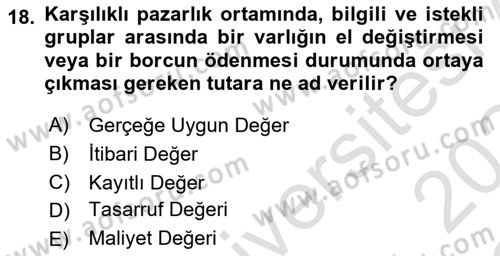 İnşaat ve Gayrimenkul Muhasebesi Dersi 2023 - 2024 Yılı Yaz Okulu Sınav Soruları 18. Soru