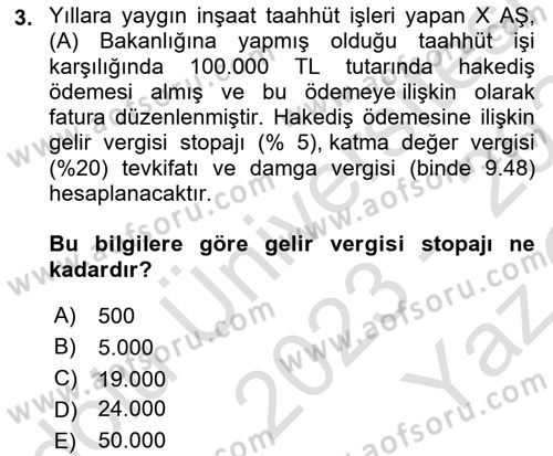 İnşaat ve Gayrimenkul Muhasebesi Dersi 2023 - 2024 Yılı Yaz Okulu Sınav Soruları 3. Soru