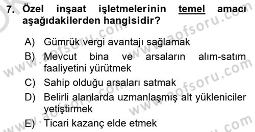 İnşaat ve Gayrimenkul Muhasebesi Dersi 2023 - 2024 Yılı Yaz Okulu Sınav Soruları 7. Soru