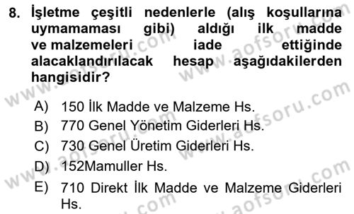 İnşaat ve Gayrimenkul Muhasebesi Dersi 2023 - 2024 Yılı Yaz Okulu Sınav Soruları 8. Soru