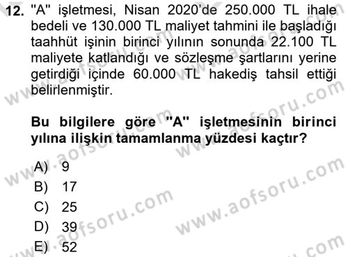 İnşaat ve Gayrimenkul Muhasebesi Dersi 2024 - 2025 Yılı (Vize) Ara Sınav Soruları 12. Soru