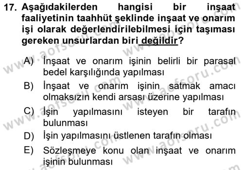 İnşaat ve Gayrimenkul Muhasebesi Dersi 2024 - 2025 Yılı (Vize) Ara Sınav Soruları 17. Soru