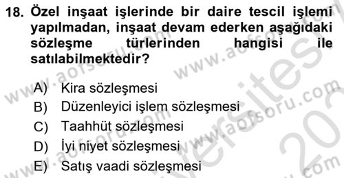 İnşaat ve Gayrimenkul Muhasebesi Dersi 2024 - 2025 Yılı (Vize) Ara Sınav Soruları 18. Soru