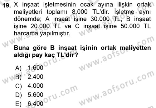 İnşaat ve Gayrimenkul Muhasebesi Dersi 2024 - 2025 Yılı (Vize) Ara Sınav Soruları 19. Soru