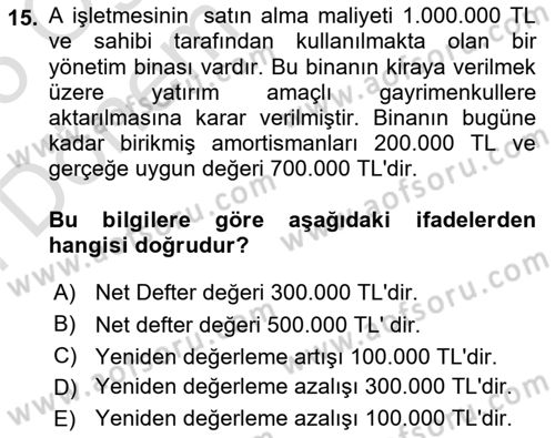 İnşaat ve Gayrimenkul Muhasebesi Dersi 2024 - 2025 Yılı (Final) Dönem Sonu Sınav Soruları 15. Soru
