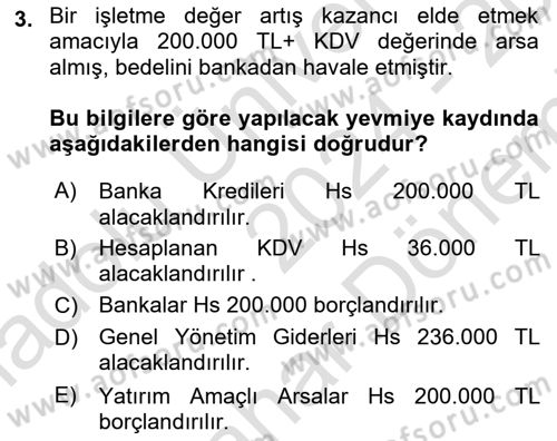 İnşaat ve Gayrimenkul Muhasebesi Dersi 2024 - 2025 Yılı (Final) Dönem Sonu Sınav Soruları 3. Soru